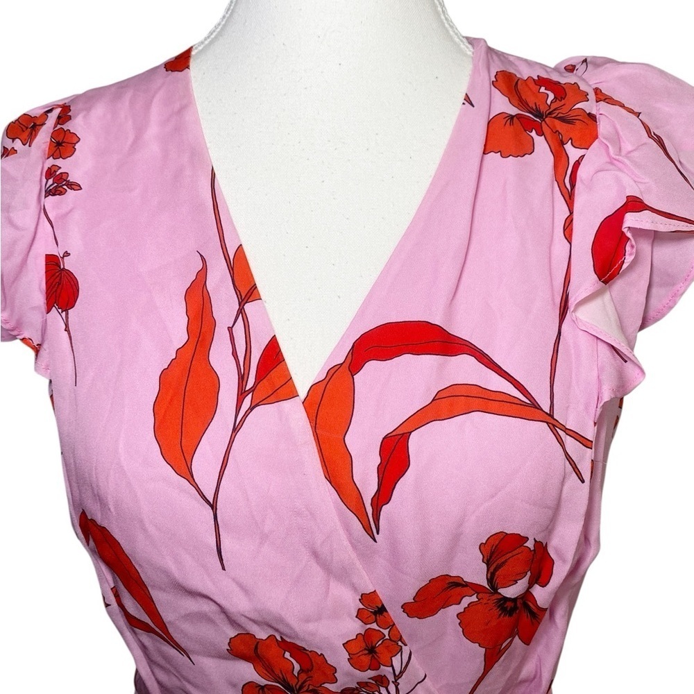 Parker Pink & Red Floral Pink Wrap Dress with Flounce Sleeves - Picture 4 of 16